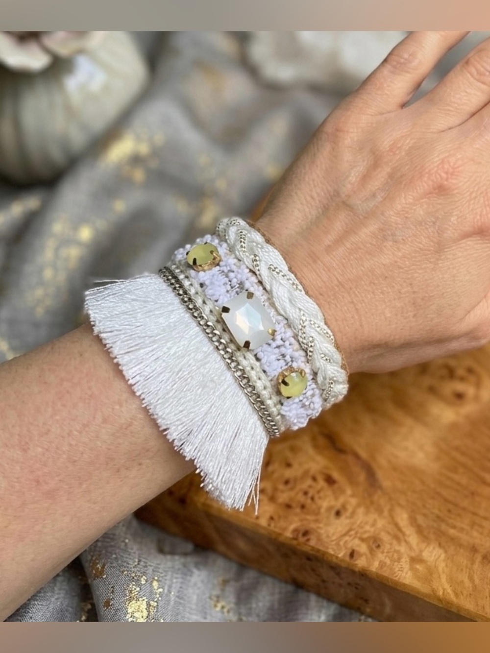 Laura Janelle RGLB White Leather Gemstone Cuff Bracelet 7" - NWT, Boho Bracelet